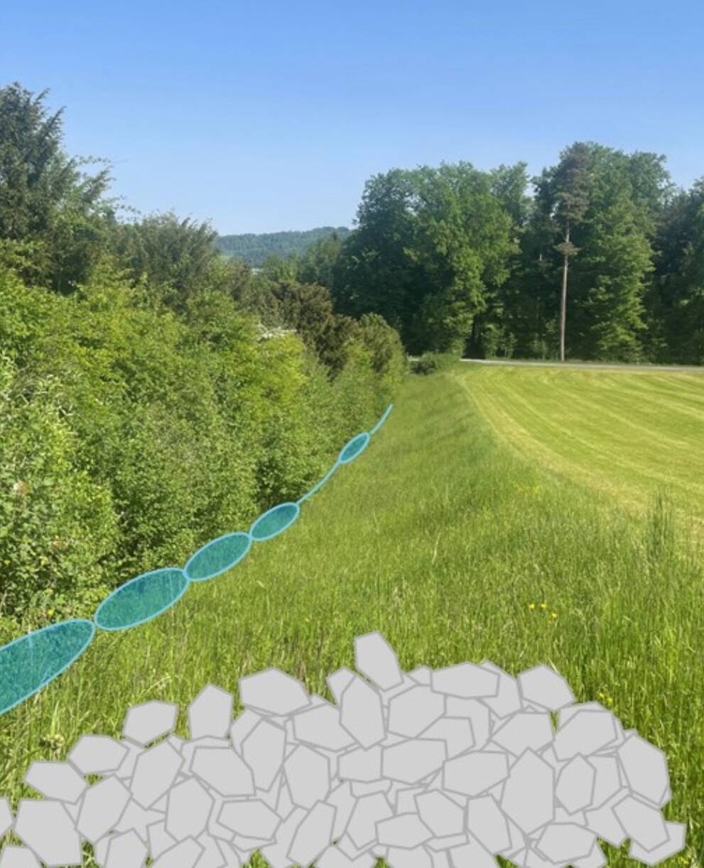 Visualisierung von Tümpeln und Steinhaufen beim oberen Teil der Panzersperre Islisberg